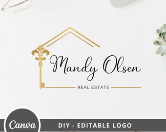 Real Estate Editable Logo Design, Lily Flower Key Logo, DIY Realtor Key & House Logo, Real Estate Agent Logo,  House Canva Logo Template.