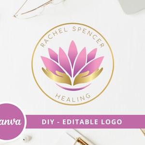 Lotus Flower DIY Logo Design, Wellness Canva Logo Template, Life Coaching, Yoga, Healing Therapy, Massage & Spa Logo, Lotus Hand Care Logo.