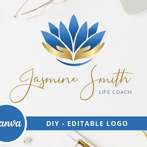 Lotus Flower DIY Logo Design, Editable Wellness Canva Logo Template, Life Coaching, Yoga, Natural Therapy, Massage Spa Logo, Hand Care Logo.