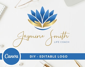 Lotus Flower DIY Logo Design, Editable Wellness Canva Logo Template, Life Coaching, Yoga, Natural Therapy, Massage Spa Logo, Hand Care Logo.