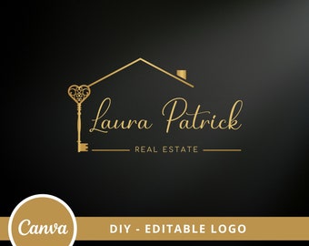 Diseño de logotipo de llave de corazón de bienes raíces, plantilla de logotipo de Canva editable de casa, logotipo de agente de bienes raíces de bricolaje, marca de agente de bienes raíces prefabricada, acceso instantáneo