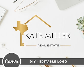 Real Estate Texas Map Logo Design, House & Key Editable Canva Logo Template, DIY Realtor Key Logo, Real Estate Agent Logo, House Broker Logo