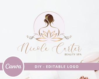 Beauty Studio Editable Logo Design, Beauty Salon Canva Logo Template, DIY Wellness Center Logo, Spa Woman Lotus Logo, Hair Logo, Makeup Logo
