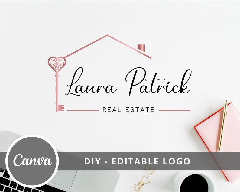 Real Estate Heart Key Logo Design, House Editable Canva Logo Template, DIY Realtor Logo, Premade Real Estate Agent Branding, Instant Access image 2