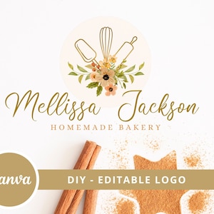 Bakery Logo Canva Template Design, Watercolor Floral Bakery Editable Logo, DIY Baking Tools Logo, Dessert Maker Logo, Handmade Bakery Logo.