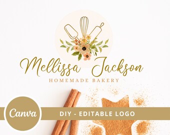 Bakery Logo Canva Template Design, Watercolor Floral Bakery Editable Logo, DIY Baking Tools Logo, Dessert Maker Logo, Handmade Bakery Logo.