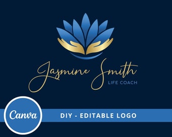 Lotus Flower DIY Logo Design, Editable Wellness Canva Logo Template, Life Coaching, Yoga, Natural Therapy, Massage Spa Logo, Hand Care Logo.