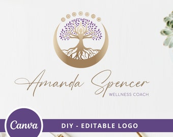 Tree of Life Logo, Tree Woman Logo, Chakras Wellness Logo Canva Template, Tree Moon Editable Logo, Yoga, Life Coach, Psychology, Spa Logo