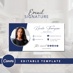 Può includere: Un modello di firma e-mail con un design blu navy e bianco. Il modello include una foto di una donna, informazioni di contatto e icone dei social media. Il testo recita "Email Signature", "Nicole Thompson Real Estate" e "Editable Template".