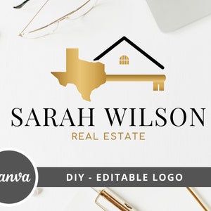May include: A gold key with a house on top and the state of Texas as the key's handle. The text "SARAH WILSON REAL ESTATE" is below the key.