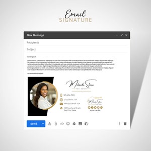May include: Email signature template with a black and gold color scheme. The signature includes a headshot of a woman, a handwritten name, a phone number, website address, email address, and a physical address. The signature also includes a small logo with a key and the name "Melinda Stone" in gold lettering.