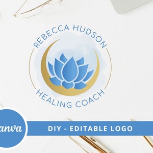 Lotus Flower Logo Design, Moon Lotus Wellness Canva Logo Template, Life Coaching Logo, Yoga Logo, Holistic Logo, Beauty Spa Editable Logo. image 1