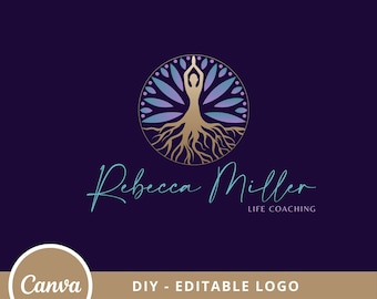 Tree Woman Mandala Editable Logo, Wellness Canva Logo Template, Life Coach, Yoga, Psychology, Healing Logo, Human Tree Logo, Tree Roots Logo