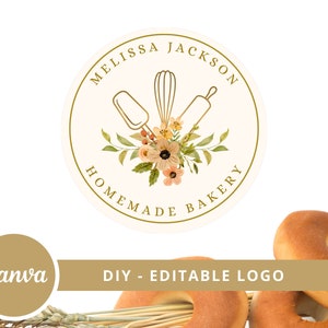 Bakery Logo Canva Template Design, Watercolor Floral Bakery Editable Logo, DIY Baking Tools Logo, Dessert Maker Logo, Handmade Bakery Logo.