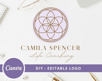 Flower Of Life Editable Logo, Instant Access, DIY Canva Template Logo, Spiritual Logo, Life Coach Logo, Sacred Geometry Logo, Wellness Logo.