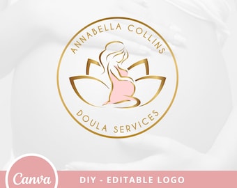 Doula Editable Canva Logo Template, Midwifery Premade Logo Design, DIY Lotus Flower Logo, Pregnancy Yoga Logo Design, Pregnant Woman Logo.