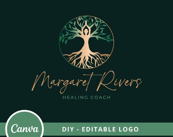 Tree Woman Editable Logo, Wellness Canva Logo Template, Life Coach, Yoga, Psychology, Healing Logo, Meditating Human Logo, Tree of Life Logo