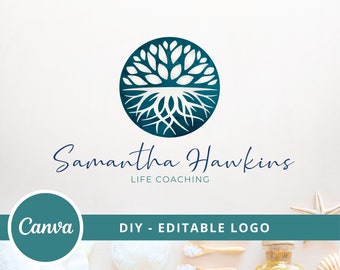 Tree Roots Mandala Logo, Tree of Life Canva Logo, DIY Life Coaching Logo, Yoga Logo, Psychology Logo, Healing Logo, Natural Therapy Logo.