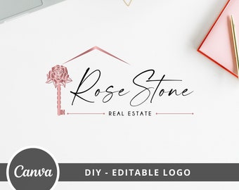 Real Estate Rose Flower Key Logo, House Editable Canva Logo Template, DIY Realtor Logo, Premade Real Estate Agent Branding, Instant Access.