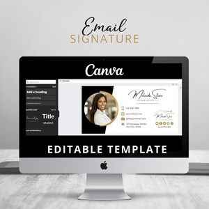 May include: Editable email signature template on a computer screen. The template features a black and gold color scheme with a headshot of a woman, contact information, and social media icons.