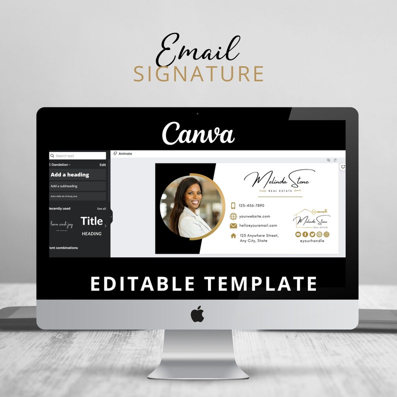 May include: Editable email signature template on a computer screen. The template features a black and gold color scheme with a headshot of a woman, contact information, and social media icons.