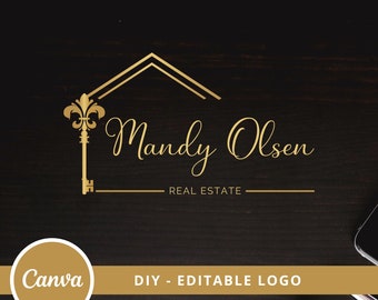 Real Estate Editable Logo Design, Lily Flower Key Logo, DIY Realtor Key & House Logo, Real Estate Agent Logo,  House Canva Logo Template.