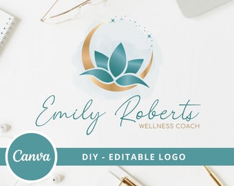 Lotus Flower Logo Design, Moon Lotus Canva Logo Template, Wellness, Life Coaching, Yoga, Natural Therapy, Spa Massage & Cosmetics, Moon Logo