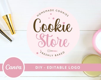 May include: Pink and brown logo design for a cookie store. The logo features the text "Cookie Store" in a cursive font with the words "Homemade Cookies" and "Freshly Baked" in a smaller font above and below the main text.