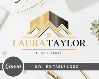 Real Estate DIY Logo Design, House Canva Logo Editable Template, Realtor House Roof Logo Design, DIY Building Logo, Real Estate Agent Logo.