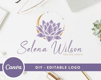 Design del logo del fiore di loto, modello del logo Moon Lotus Wellness Canva, logo del life coaching, logo dello yoga, logo olistico, logo modificabile della Beauty Spa.