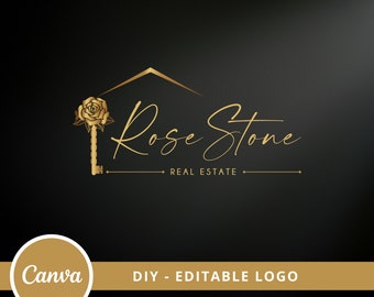 Real Estate Rose Flower Key Logo, House Editable Canva Logo Template, DIY Realtor Logo, Premade Real Estate Agent Branding, Instant Access.