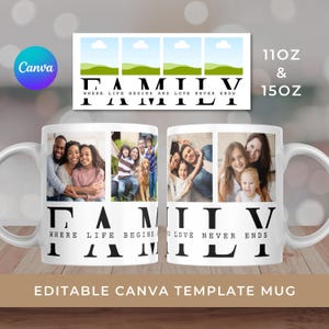 Può includere: Tazza in ceramica bianca con foto di famiglia e la scritta "FAMILY WHERE LIFE BEGINS AND LOVE NEVER ENDS." La tazza è disponibile nelle misure di 312 ml e 425 ml. Il design include un logo Canva e le parole "EDITABLE CANVA TEMPLATE MUG."