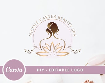 Beauty Studio Editable Logo Design, Beauty Salon Canva Logo Template, DIY Wellness Center Logo, Spa Woman Lotus Logo, Hair Logo, Makeup Logo