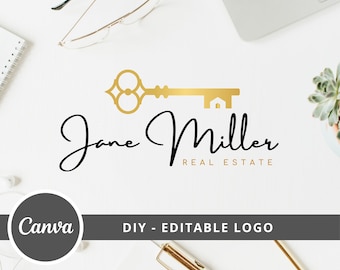 Real Estate Key Logo Design, Editable Canva Logo Template, DIY Realtor Key House Logo, Premade Real Estate Agent Branding, Instant Access