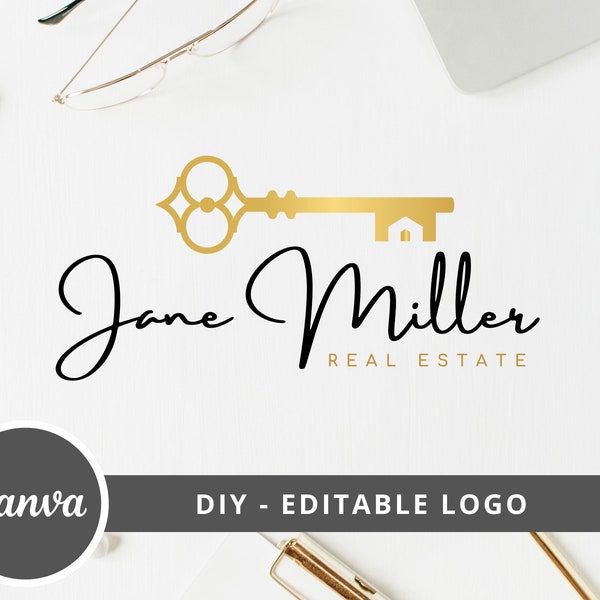 Real Estate Key Logo-Design, bearbeitbare Canva-Logo-Vorlage, DIY Makler-Schlüssel-Haus-Logo, vorgefertigtes Makler-Branding, sofortiger Zugriff