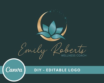 Lotus Flower Logo Design, Moon Lotus Canva Logo Template, Wellness, Life Coaching, Yoga, Natural Therapy, Spa Massage & Cosmetics, Moon Logo