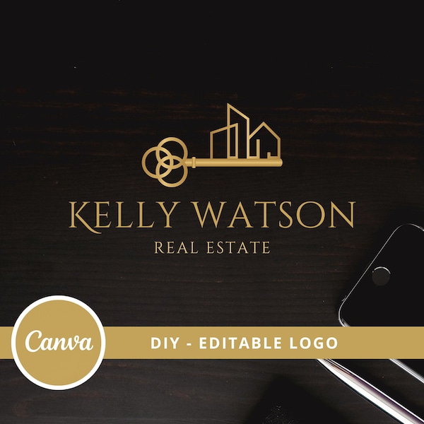 Real Realty Key Logo Design, Gebäude bearbeitbare Canva Logo-Vorlage, DIY Realtor Key Logo, vorgefertigtes Branding für Makler, sofortiger Zugriff