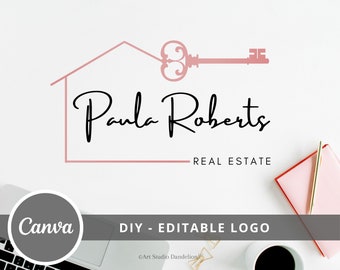 Real Estate Logo Design, Elegant House Editable Canva Logo Template, DIY Realtor Key & House Logo, Real Estate Agent Logo, Instant Access.