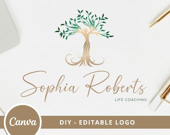 Tree of Life Editable Canva Logo, Tree Woman Logo Design Template, DIY Life Coaching Logo, Yoga Logo, Psychology Logo, Wellness Tree Logo.