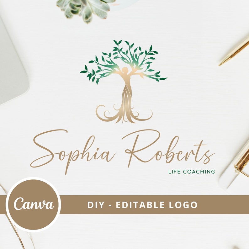 Tree of Life Editable Canva Logo, Tree Woman Logo Design Template, DIY Life Coaching Logo, Yoga Logo, Psychology Logo, Wellness Tree Logo. zdjęcie 1