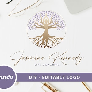 Tree of Life Editable Logo, Wellness Canva Logo Template, Life Coach, Yoga, Psychology, Healing Logo, Meditating Human Logo, Tree Woman Logo image 2