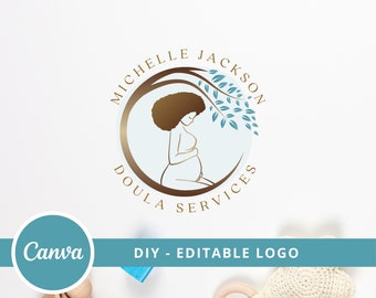 Doula Editable Canva Logo Template, Midwifery Premade Logo Design, DIY Tree of Life Logo, Pregnant Healthy Logo, Black Pregnant Woman Logo.