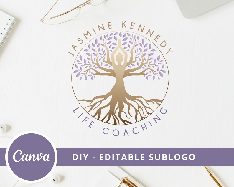 Tree of Life Editable Logo, Wellness Canva Logo Template, Life Coach, Yoga, Psychology, Healing Logo, Meditating Human Logo, Tree Woman Logo image 3