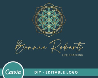 Flower Of Life Mandala Editable Logo, Instant Access, DIY Canva Template Logo, Life Coaching Logo, Sacred Geometry Logo, Wellness Logo.