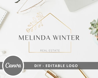 Real Estate Logo Design, Minimalist House Editable Canva Logo, DIY Realtor Floral House Logo, Real Estate Agent Branding, Instant Access.