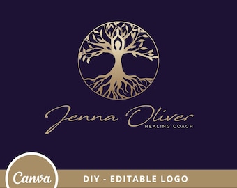 Logo modifiable femme arbre, modèle de logo bien-être Canva, coach de vie, yoga, psychologie, logo guérison, logo humain méditant, logo arbre de vie