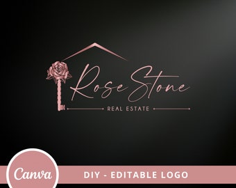 Logo clé de fleur rose pour l'immobilier, modèle de logo sur toile modifiable pour la maison, logo d'agent immobilier DIY, image de marque préfabriquée pour agent immobilier, accès instantané.