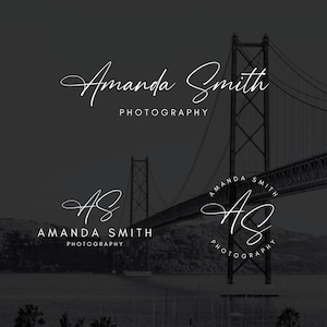 May include: A photography logo design featuring the name "Amanda Smith" in elegant script, with "Photography" below. The design includes variations with the initials "AS" and a bridge in the background, all in white against a dark gray backdrop.
