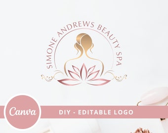 Beauty Studio Editable Logo Design, Beauty Salon Canva Logo Template, DIY Wellness Center Logo, Spa Woman Lotus Logo, Hair Logo, Makeup Logo