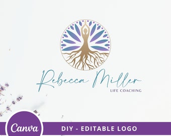 Tree Woman Mandala Editable Logo, Wellness Canva Logo Template, Life Coach, Yoga, Psychology, Healing Logo, Human Tree Logo, Tree Roots Logo